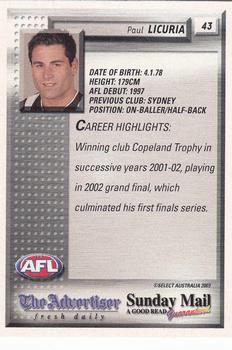 2003 Select The Advertiser-Sunday Mail AFL #43 Paul Licuria Back